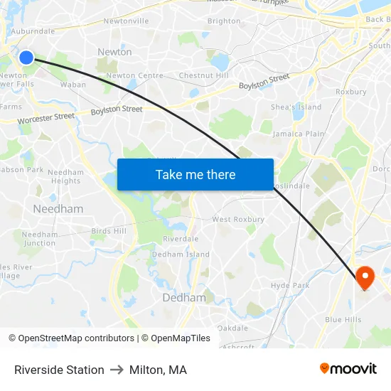 Riverside Station to Milton, MA map