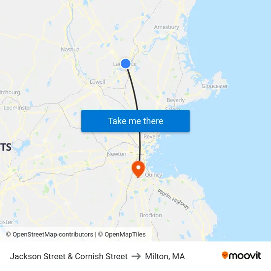 Jackson Street & Cornish Street to Milton, MA map