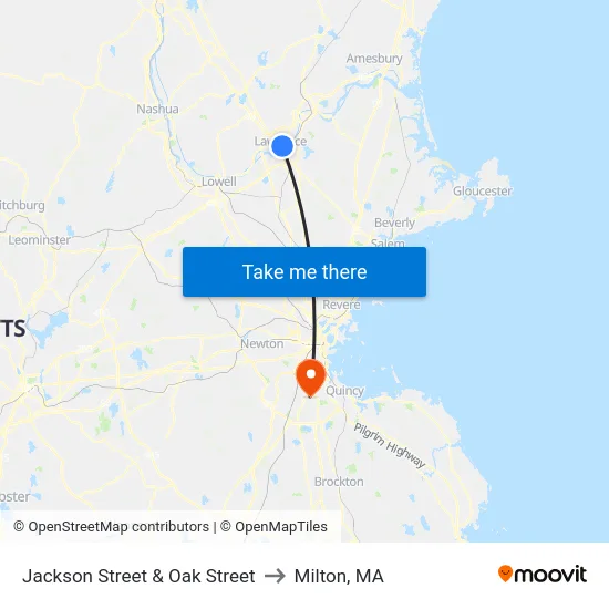Jackson Street & Oak Street to Milton, MA map