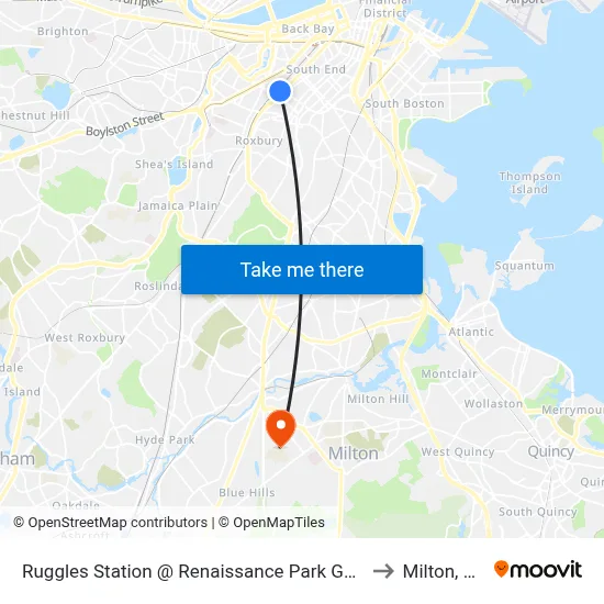 Ruggles Station @ Renaissance Park Garage to Milton, MA map
