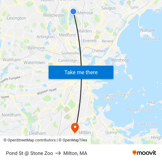 Pond St @ Stone Zoo to Milton, MA map