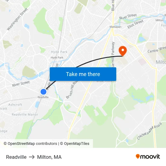 Readville to Milton, MA map