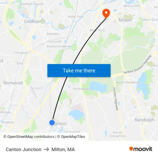 Canton Junction to Milton, MA map