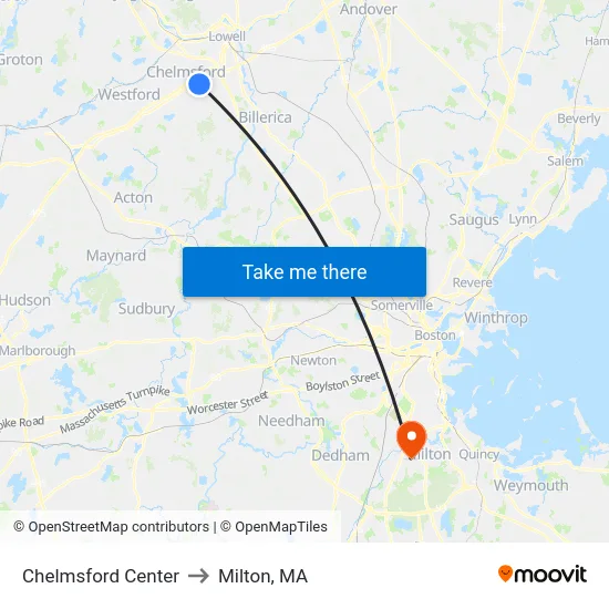 Chelmsford Center to Milton, MA map