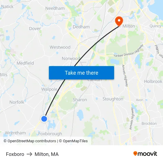 Foxboro to Milton, MA map