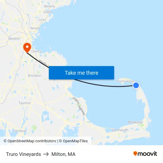 Truro Vineyards to Milton, MA map