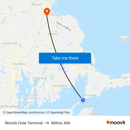 Woods Hole Terminal to Milton, MA map