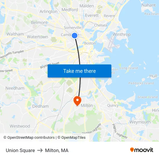 Union Square to Milton, MA map