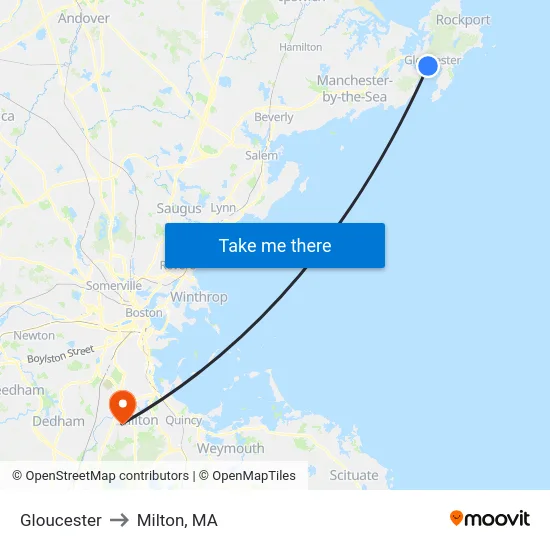 Gloucester to Milton, MA map