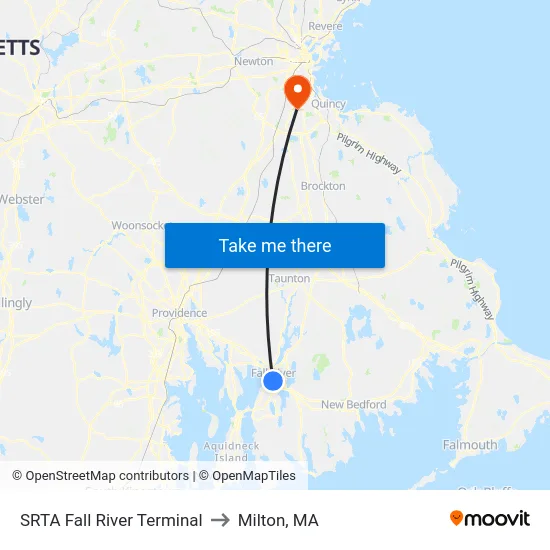 SRTA Fall River Terminal to Milton, MA map