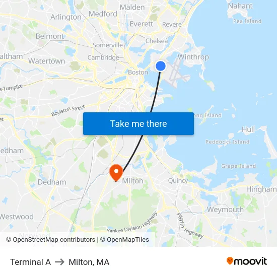 Terminal A to Milton, MA map
