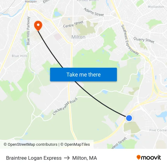 Braintree Logan Express to Milton, MA map