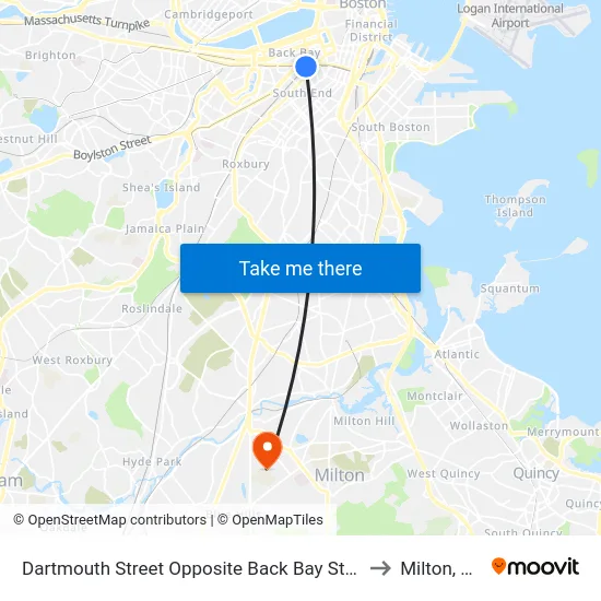 Dartmouth Street Opposite Back Bay Station to Milton, MA map