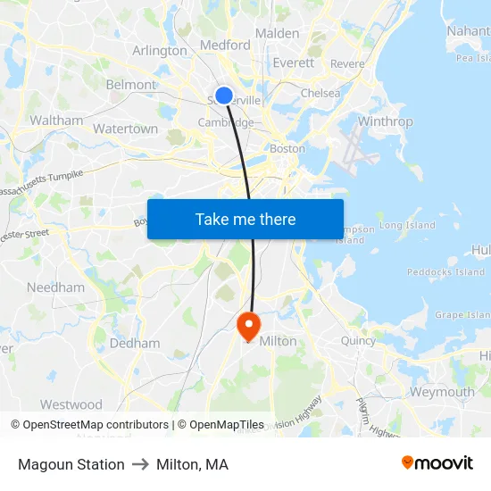 Magoun Station to Milton, MA map