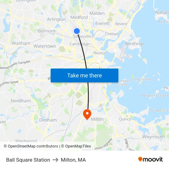 Ball Square Station to Milton, MA map