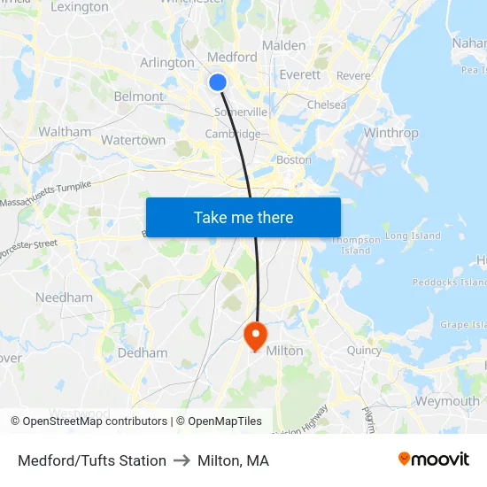 Medford/Tufts Station to Milton, MA map