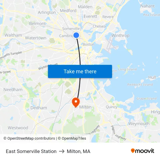 East Somerville Station to Milton, MA map