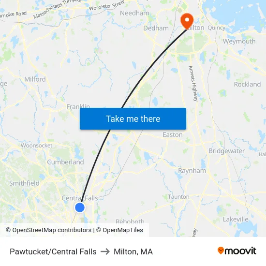 Pawtucket/Central Falls to Milton, MA map