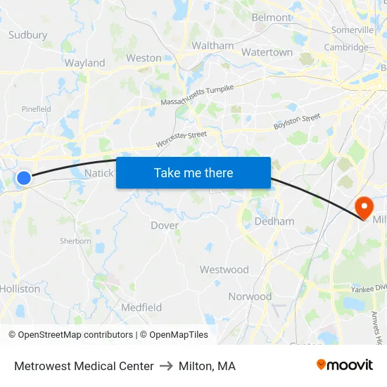 Metrowest Medical Center to Milton, MA map