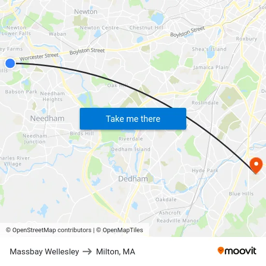 Massbay Wellesley to Milton, MA map