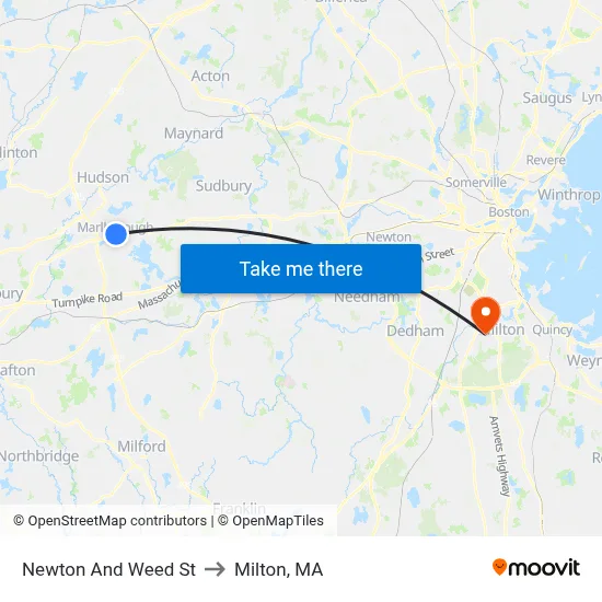 Newton And Weed St to Milton, MA map
