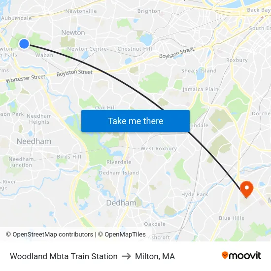 Woodland Mbta Train Station to Milton, MA map