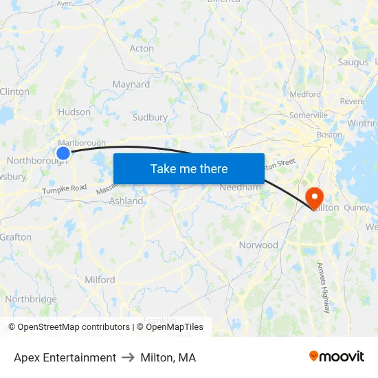Apex Entertainment to Milton, MA map