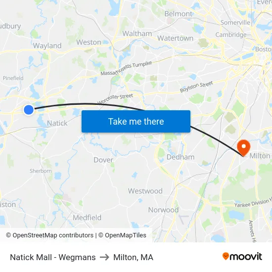Natick Mall - Wegmans to Milton, MA map