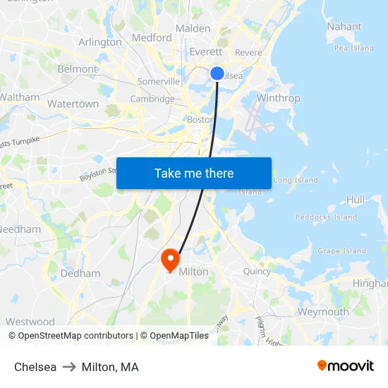 Chelsea to Milton, MA map