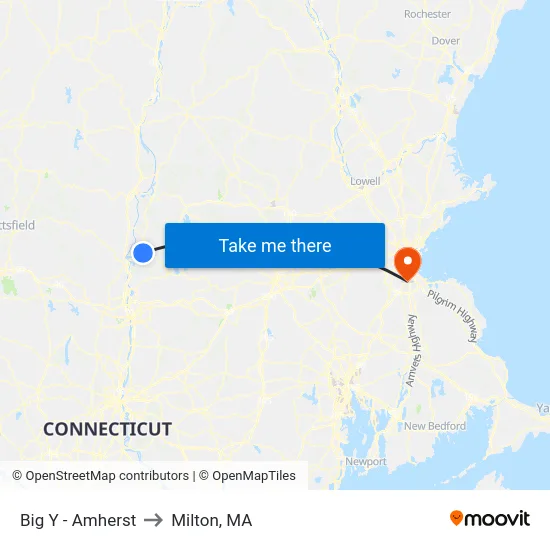 Big Y - Amherst to Milton, MA map