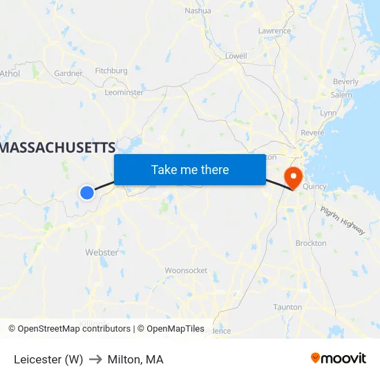 Leicester (W) to Milton, MA map