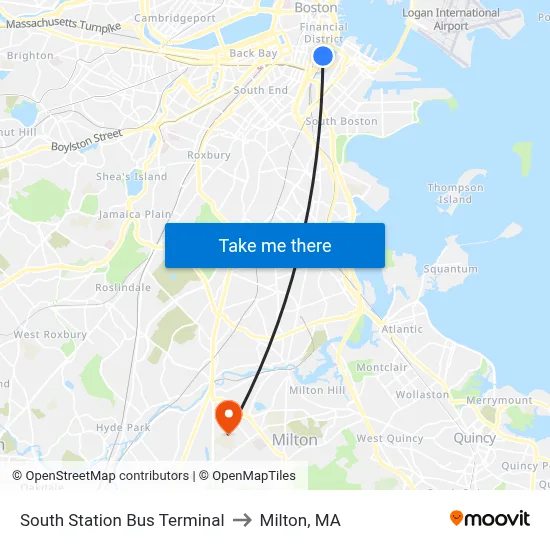 South Station Bus Terminal to Milton, MA map