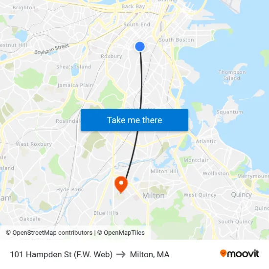 101 Hampden St (F.W. Web) to Milton, MA map