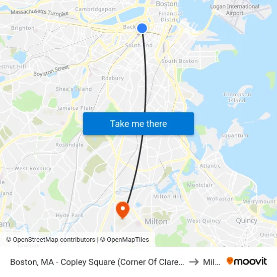 Boston, MA - Copley Square (Corner Of Clarendon St. & St. James Ave. In Front Of Trinity Church) to Milton, MA map