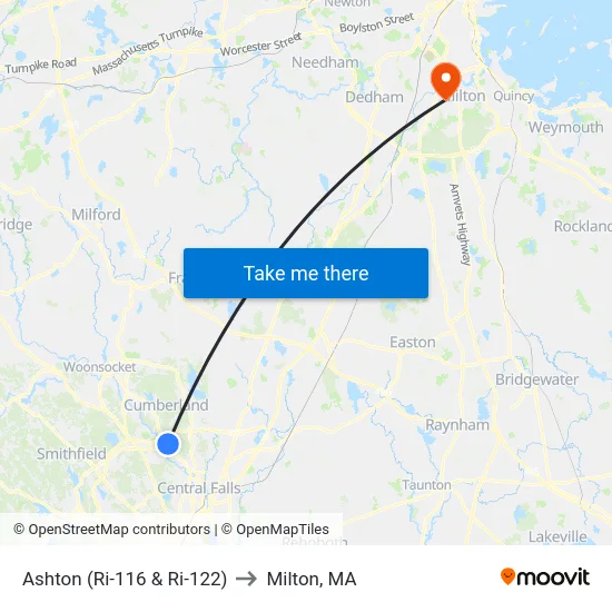 Ashton (Ri-116 & Ri-122) to Milton, MA map