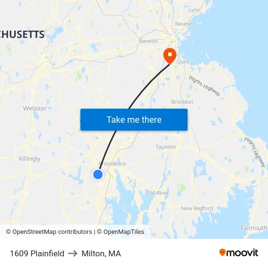1609 Plainfield to Milton, MA map