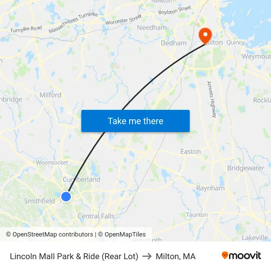 Lincoln Mall Park & Ride (Rear Lot) to Milton, MA map