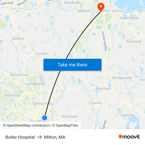 Butler Hospital to Milton, MA map