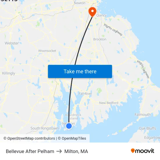 Bellevue After Pelham to Milton, MA map