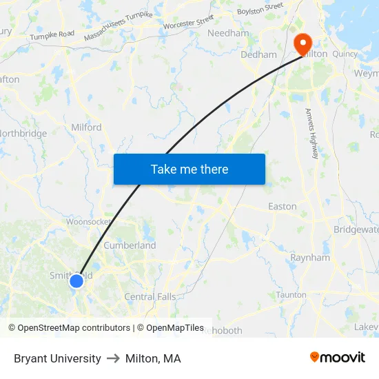 Bryant University to Milton, MA map