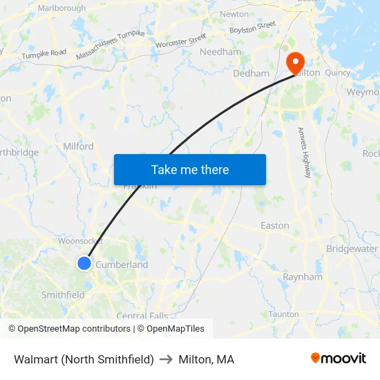 Walmart (North Smithfield) to Milton, MA map