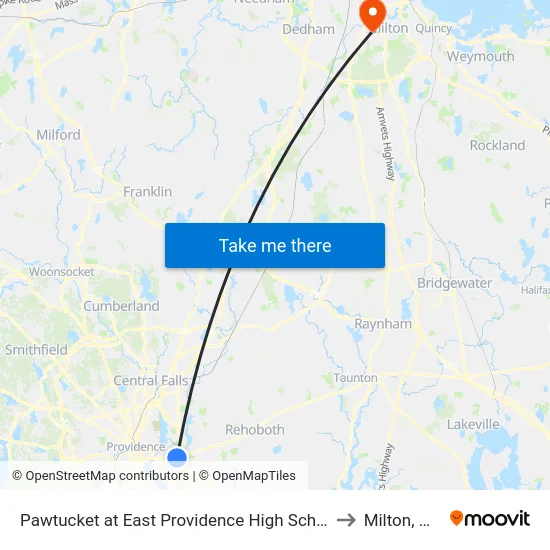Pawtucket at East Providence High School to Milton, MA map