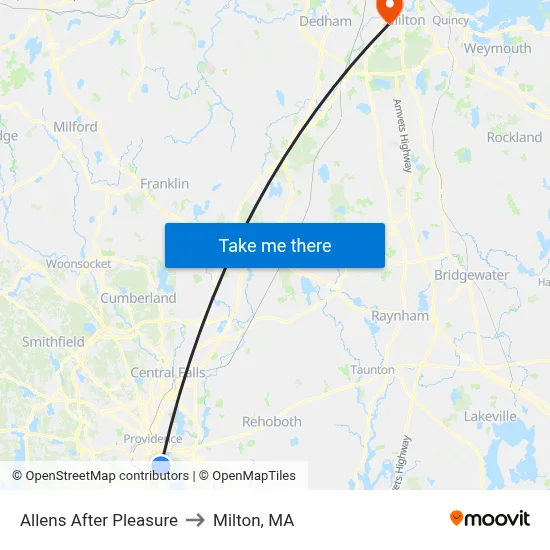 Allens After Pleasure to Milton, MA map