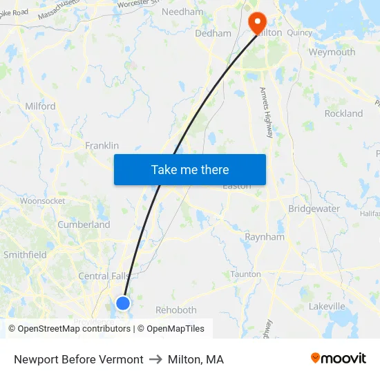 Newport Before Vermont to Milton, MA map
