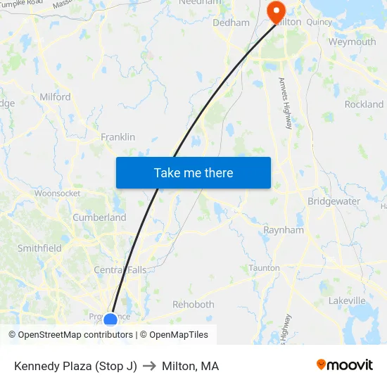 Kennedy Plaza (Stop J) to Milton, MA map
