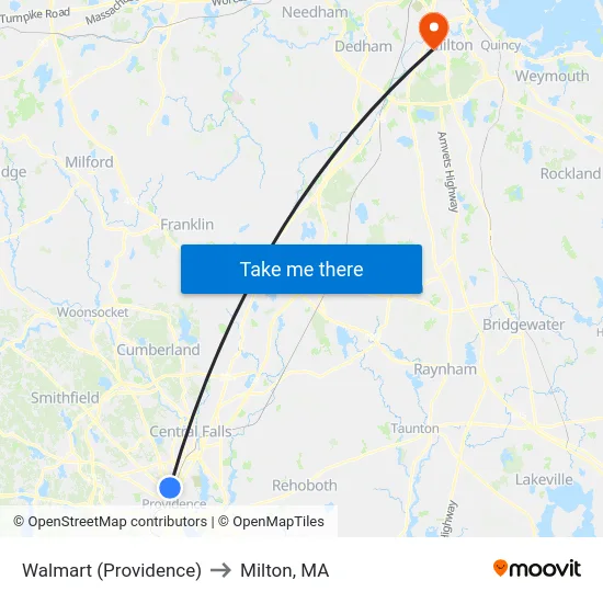 Walmart (Providence) to Milton, MA map