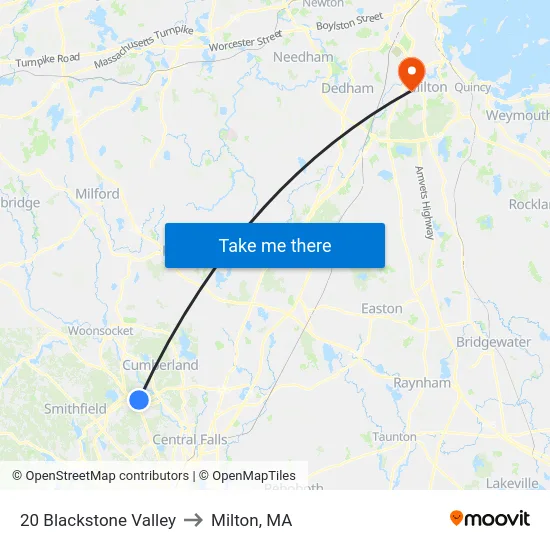20 Blackstone Valley to Milton, MA map