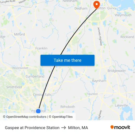 Gaspee at Providence Station to Milton, MA map