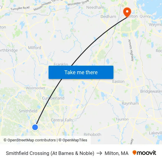 Smithfield Crossing (At Barnes & Noble) to Milton, MA map