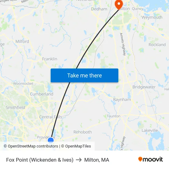 Fox Point (Wickenden & Ives) to Milton, MA map